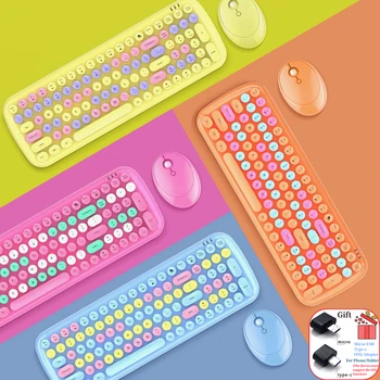 Kawaii Ярки Цветове Безжична Клавиатура Мишка Комбо 2,4 G USB Кръгла Пънк Клавиатура и Оптична Мишка Комплект За Компютър, Домашен Офис