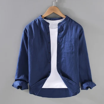 Дизайнерска Нова 100% Бельо Casual Риза с Дълъг Ръкав, Мъжки Брандираната Модни Дишаща Тениска с яка-часова, 6 цвята, S-3XL, Ризата Homme, Директна доставка