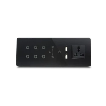 Черно Превключвател на Вентилатора За домашна употреба С Розетка 6 Gang Light Дистанционно Управление Сензорен екран Wifi Интелигентен Превключвател С 10A 2 USB