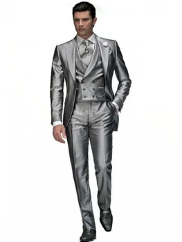 Модни Блестящи Сребърни смокинги за младоженеца-Мъжки Сватбени и Вечерни Бизнес костюми за бала, Комплекти блейзеров (Яке + Панталон + Елек + вратовръзка) K: 767