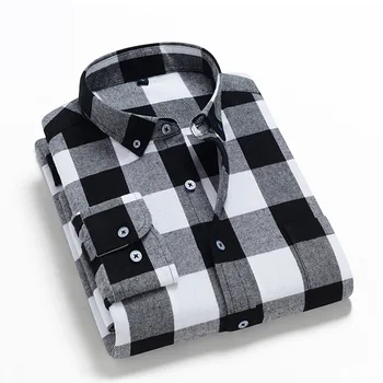 Черно-Бяло Каре Фланелен Ризи за Мъже, Модни и Ежедневни Риза от 100% Памук с Дълъг Ръкав, Бизнес и Ежедневни Качествена Облекло Homme