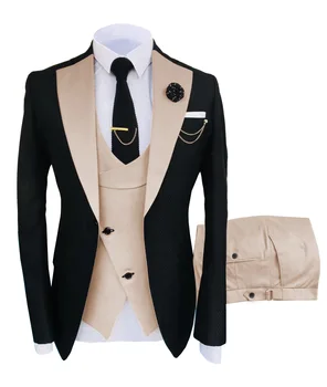 Направен по поръчка на Мъжки костюми са черни на цвят и цвят шампанско, смокинги за младоженеца с изрезки на лацканах, Комплект от 3 теми (яке + панталон + елек + вратовръзка) D358