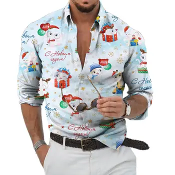 Мъжка Риза с 3D Коледа Принтом, Однобортные Потници, Тениски с образа на Снежен човек, Мода Тенденция на Улични Ризи с дълъг Ръкав
