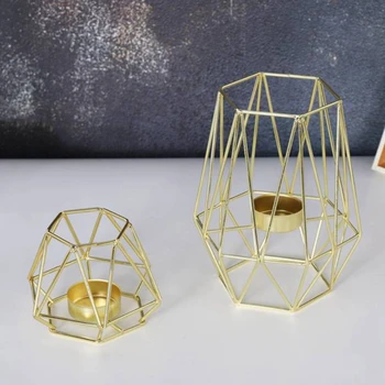 Комплект от 2 Златни Геометрични метални Свещници Tealight за Всекидневната, Украса за Баня, Централните елементи за Сватбената Трапезария