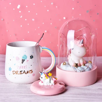 Сладък Еднорог Кафеена Чаша с 3D Капак и Лъжица Керамична Чаша за Чай и Вода Подарък за Жени, Момичета Бял 450 мл