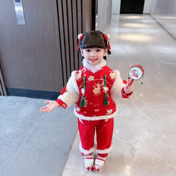 Рокля за момичета на Първата година, есента и зимата Бархатное Коледна Червено Празнична Коледна Рокля в стила на Тан, костюм от две части в китайски стил