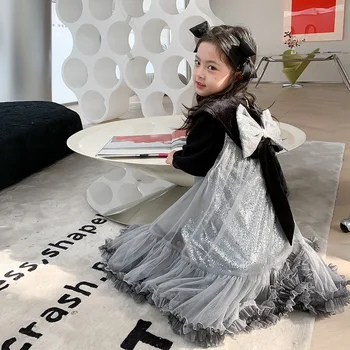 Детски Дрехи 2022 г., Есенно-Зимния Нова Рокля на Принцеса в Корейски Стил, облекло За Момичета, Милото Сладко Рокля на Принцеса за Момиченца