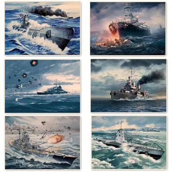 Ретро Плакат За Морската битка на Втората световна война, Военно Изкуство, Живопис, Боен кораб на Вермахта, Подводница, Военен Художествен Плакат, Стикер За Стена
