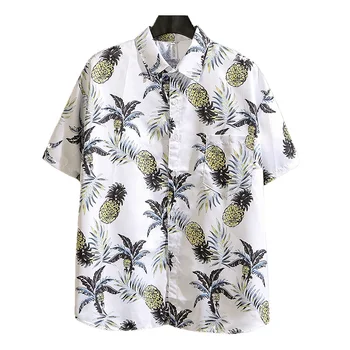Лятна Мъжка Хавайска Риза С Къс Ръкав, Празнични Ризи с Принтом Ананас за Мъже, Хавайска Риза, Чифт, Свободна Плажна Риза с Копчета