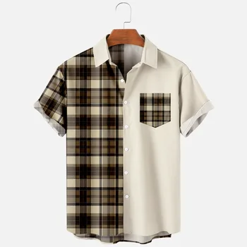 Лятна мъжки ежедневни клетчатая риза в стил хип-хоп, зашити наполовина, мъжки и женски пролетните и есенните ризи с къс ръкав