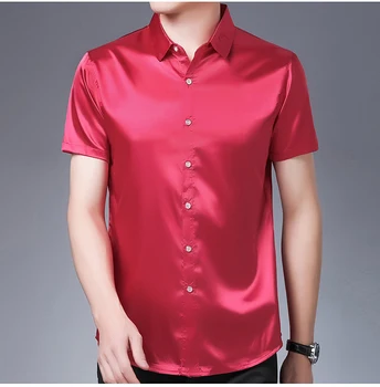 Висококачествени мъжки коприна риза с къс ръкав лятото на 2017 г. на мъжки ризи чист цвят, мек сатен с копринени рокли, ризи