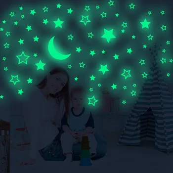 Светещи Звезди Луната Флуоресцентни Етикети Домашната Спалня Декорация На Детска Стая Самозалепващи Водоустойчив Светещи Стикери За Стена