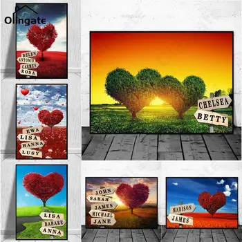 Стенно Изкуство Потребителското си Име Платно Картина на Сърцето на едно Дърво Името Роден / а на Пътен Знак, Плакати, Печат на Двойки, Семейни Подаръци Начало Декор