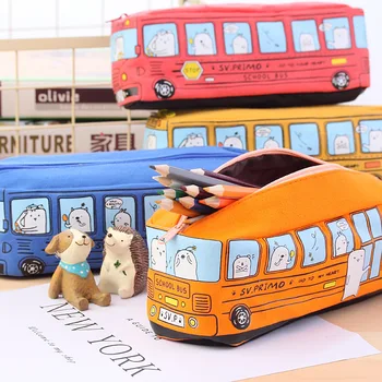 Творчески Училищен Автобус Молив Случай Карикатура На Животните С Голям Капацитет Платно Сладък Молив Чанта Ученически Канцеларски Материали Дръжка За Чанта Титуляр За Съхранение
