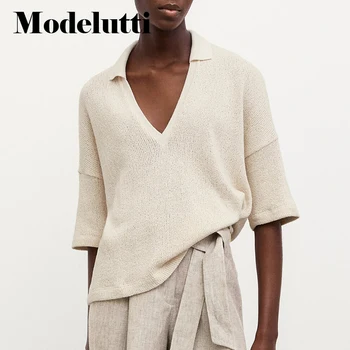 Modelutti 2022 Новата Пролетно-лятна Модни Дамски Свободна Риза с къси ръкави, с V-образно деколте и Къс Ръкав, Обикновена Прости Ежедневни Блузи, Дамски Шик