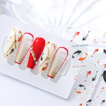 Китайски Стил Червен Щастлив Шаран Риба 3D Самозалепващи Стикери За Нокти Сладък 5D Меки Релефи Стикери За Нокти на Едро Дропшиппинг