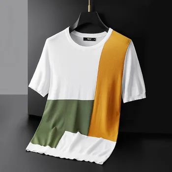 Висококачествена ледена дишаща трикотажная мъжка тениска 2022 години корейската мода контрастен през цялата деколте с къс ръкав в ежедневието луксозен топ