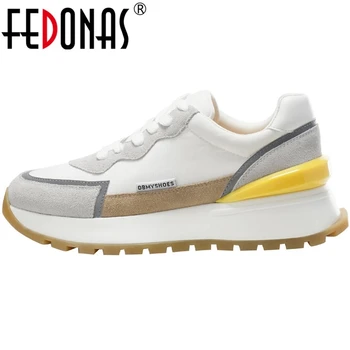 FEDONAS Ins 2022 Светещи Дамски Маратонки Смесени Цветове Ежедневни Обувки На Платформа От Естествена Кожа с Кръстосани Шнур Спортни Обувки За Бягане Дамски