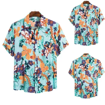 Модерен Мъжки Хавайска Риза, Мъжки Ежедневни Цветна Плажна Блуза С Флорални Принтом Алоха, Къс Ръкав, По-Големи Размери, Camisa Hombre