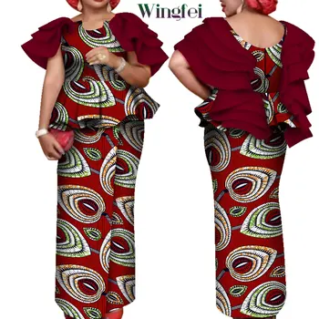 Дамски дрехи в Африканския Стил Топ с Флорални Принтом, Риза с дълъг ръкав-рюшами и Дълга пола, Комплект от 2 теми, Елегантна Африканска дреха в стил Дашики, Wy7643