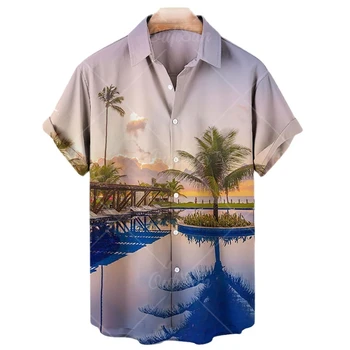 Мъжка Риза с 3D Принтом Кокосовата Палма В Хавайски Стил, Свободна Ежедневни Риза С Ревери, с Къс Ръкав, Лятна Плажна Риза с Копчета, Дишаща Топ2022