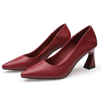 Дамски Модни Скъпа Висококачествено Вино-червено Пролет-есен Офис Обувки На Висок ток, Дамски Черни Обувки-лодка Mulheres De Салто Алто G285
