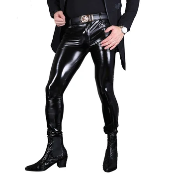 Секси Мъжки Модни PVC Блестящи Тесни Панталони От Изкуствена Кожа за Мъже, Сексуална Гланц Панталон-молив с Мокър Ефект, Облекла за Гейове F130