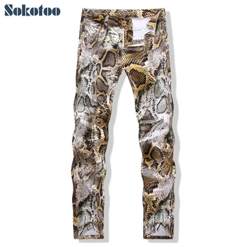 Мъжки модни дънки Sokotoo от змийска кожа с принтом, Тънки цветни стрейчевые дънкови панталони за мъже