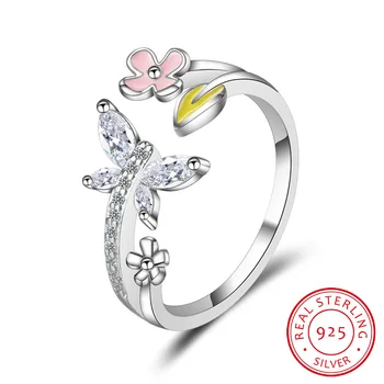 LEKANI Нови Модни 100% 925 Сребро Любов Пеперуди Розово Цвете Открити Пръстени за Жени Сватбени Сребърни Бижута