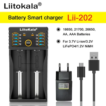 Liitokala Lii-202 18650 и Зарядно устройство 3,7 В/3.2 В/3,85 В/1.2 18350 18500 21700 26700 26650 14500 AA AAA SC NiMH акумулаторна Литиево-йонна батерия Зарядно устройство