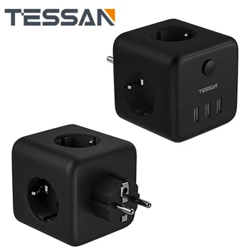 TESSAN Europe Черен USB Стенни Гнездо с 3 Розетки на променлив ток, 3 USB порта за Включване/Изключване, Адаптер за Зарядно устройство 100-250 В за Дома