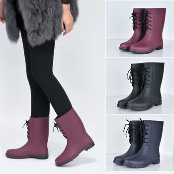Дамски дълги непромокаеми ботуши дантела за момичета, Обикновена зимни памучни топли Меки обувки за дъждовно време, по-Големи Размери 36-41, Нескользящие Непромокаеми обувки