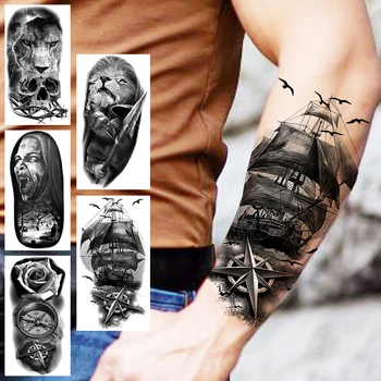 Черно Пиратски Кораб Временни Татуировки За Жени, Мъже Реалистичен Лъв Вампир Компас Цвете Фалшиви Татуировки Стикер Предмишницата Татуировки направи си САМ