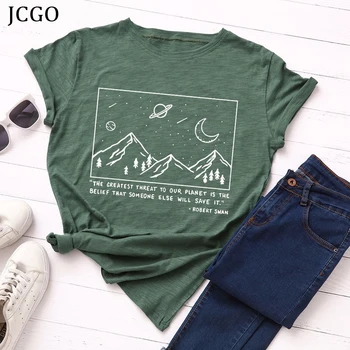 JCGO Лятна Памучен Дамски Тениска Universal 5XL, Тениски С Принтом Пространство на Луната и Планината, Дамски Ежедневни Ризи С Къс Ръкав Оверсайз