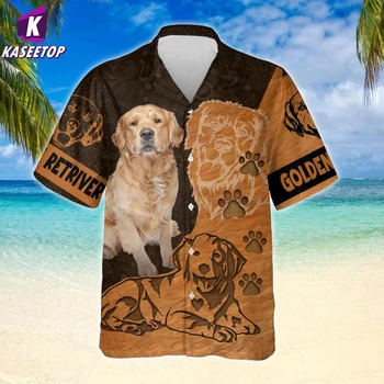 Златна Хавайска Риза с Принтом Кучета Retriver, Лятна Тениска с 3D Принтом, Мъжки и Дамски Ежедневни Плажната Тениска Копчета в стил Харадзюку