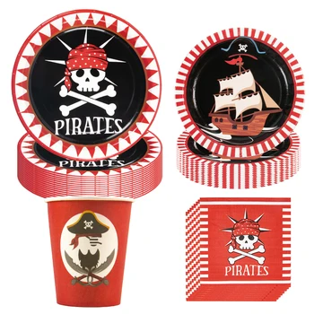 1 комплект Пиратски Партита Тематичен Комплект Прибори за Еднократна употреба Хартиена Чиния Кърпички за Хелоуин Домашни Детски Вечерни Аксесоари за Декорация Рожден Ден